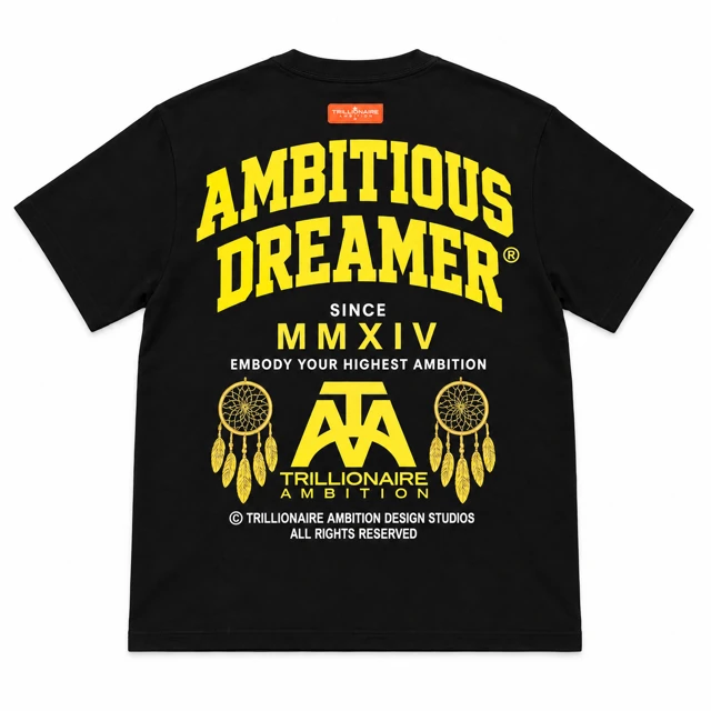 The back: AMBITIOUS DREAMER in yellow varsity letters, SINCE MMXIV, two dreamcatchers and the ATA monogram