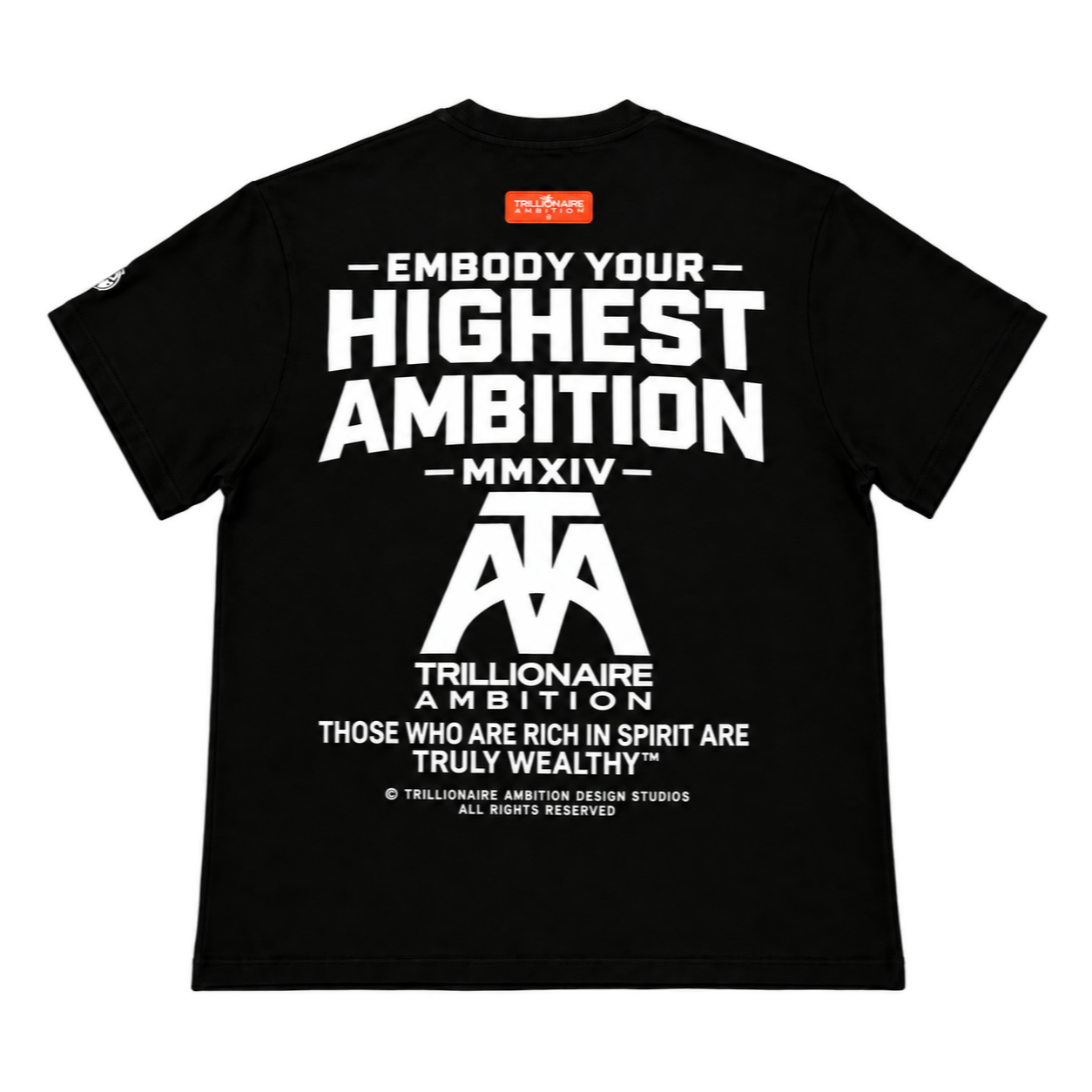 Back of the black tee: Embody Your Highest Ambition® in block letters, MMXIV, the ATA monogram and the line Those who are rich in spirit are truly wealthy