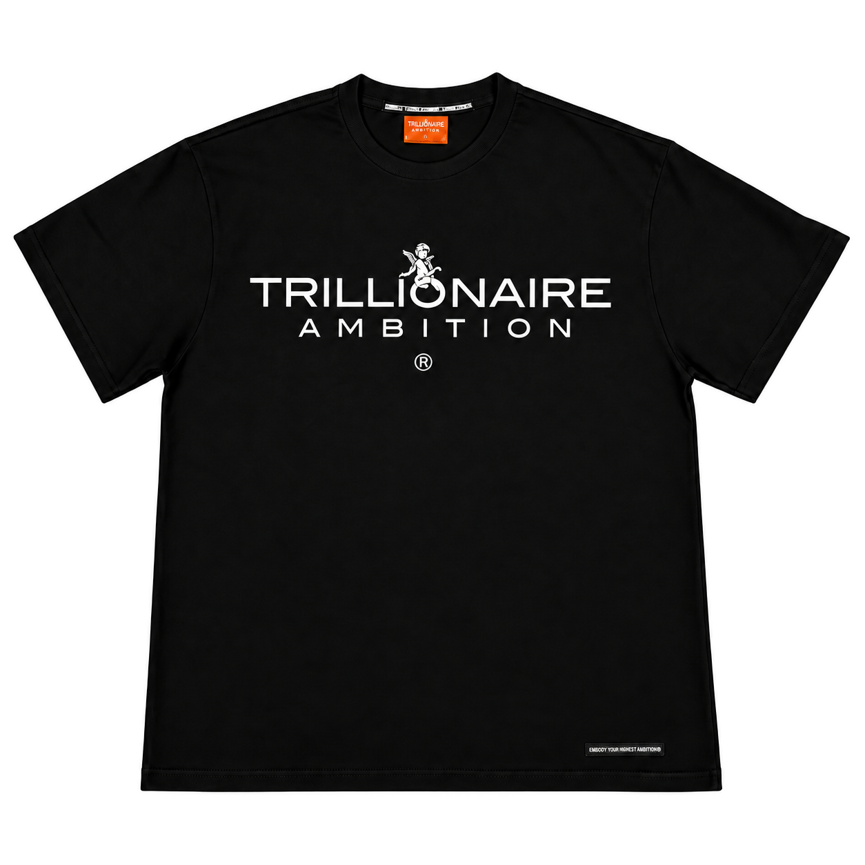 Front of the black tee: white Trillionaire Ambition wordmark with a cherub on the O, orange label inside the collar, rubber patch at the hem