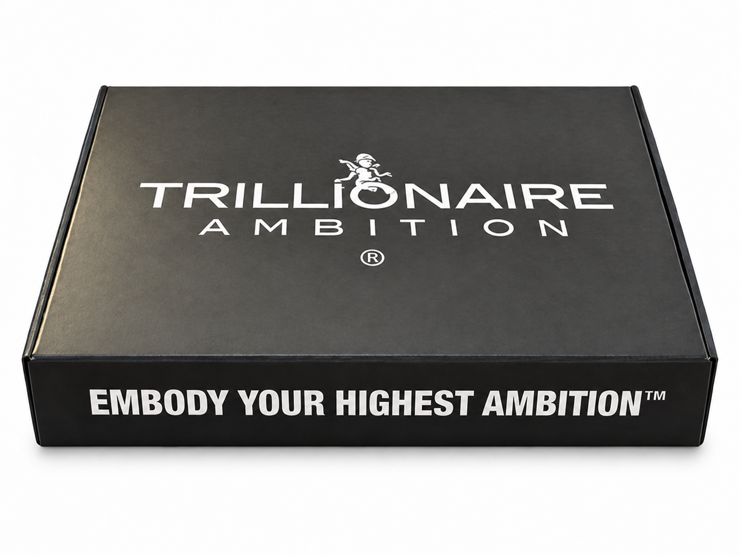 The black Trillionaire Ambition shipping box with the wordmark on the lid and Embody Your Highest Ambition® along the front